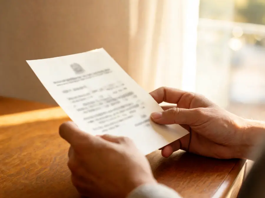 Hands holding a rent-increase notice by a sunlit window