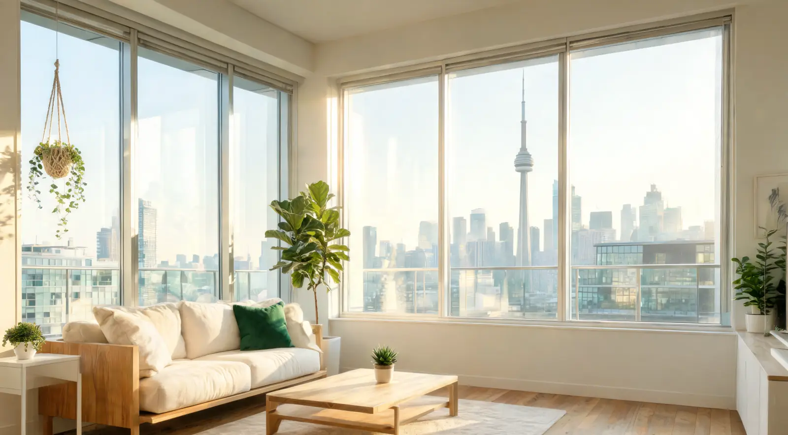 Bright modern condo living room overlooking the Toronto skyline