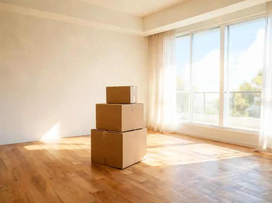 Stacked moving boxes in a bright, empty apartment