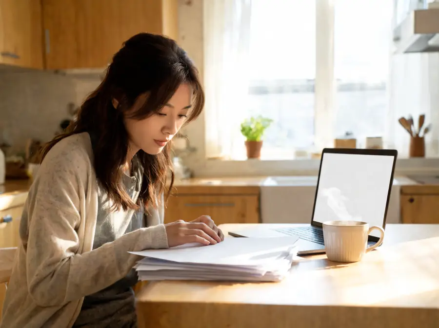 Person reviewing lease documents next to a laptop at a kitchen table