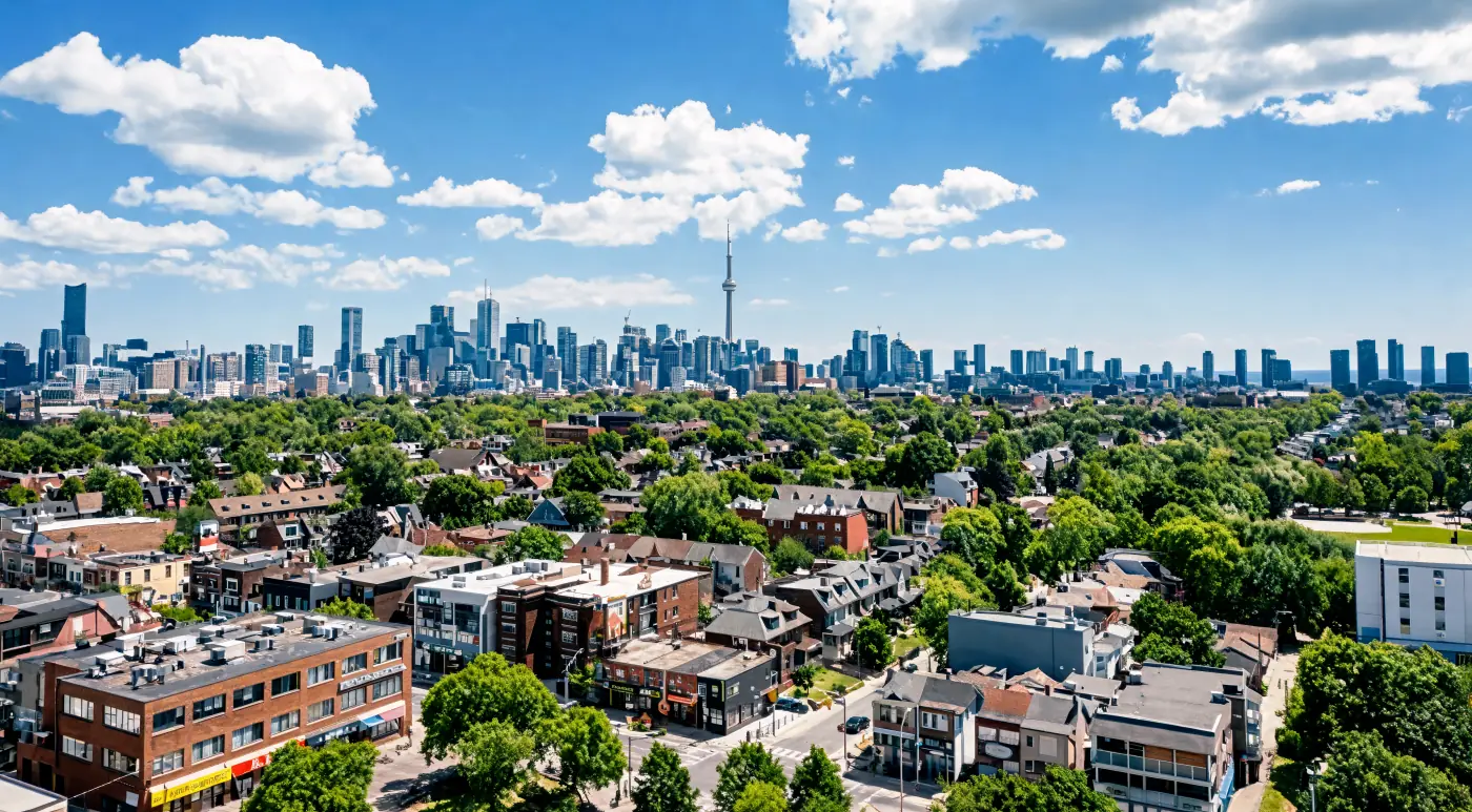 Aerial view of Toronto neighbourhoods and skyline